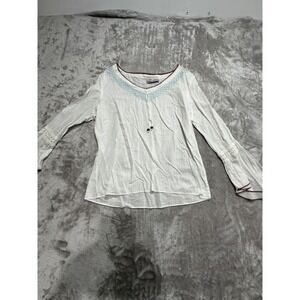 Anchor Blue Blouse Pullover Women's Size Large White Long Sleeve Semi-Sheer Flaw